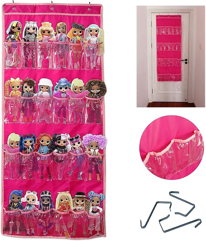 Hanging Over Door Toy Storage Organizer (24 Pockets), Compatible with Lol Omg Dolls Barbie Dolls Surprise Doll (Toys Not Included), Deeppink (57.5''x22'')