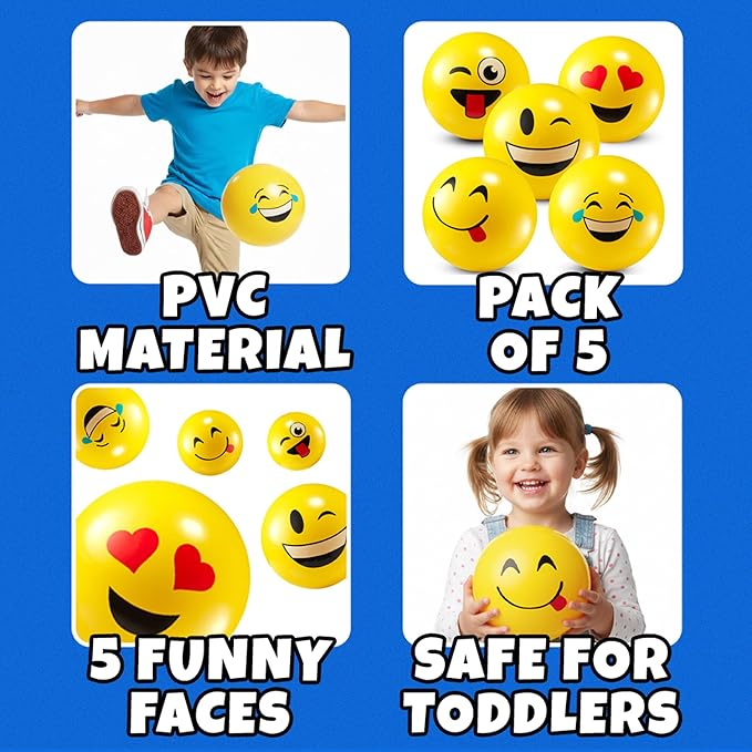 5-Inch Happy Face Bouncing Balls for Kids & Toddlers (Pack of 5) - Playground Balls w/ 5 Fun Designs - Lightweight Play Bouncy Ball Gifts for Boys & Girls