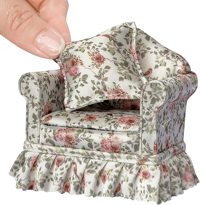 iLAND Dollhouse Furniture of Miniature Couch The Great Doll House Furniture Set for 1/12 Accessories, Elegant Rose and Birds Pleated Single Sofas 2 Pcs Customized Fabric and Amazing Handiwork