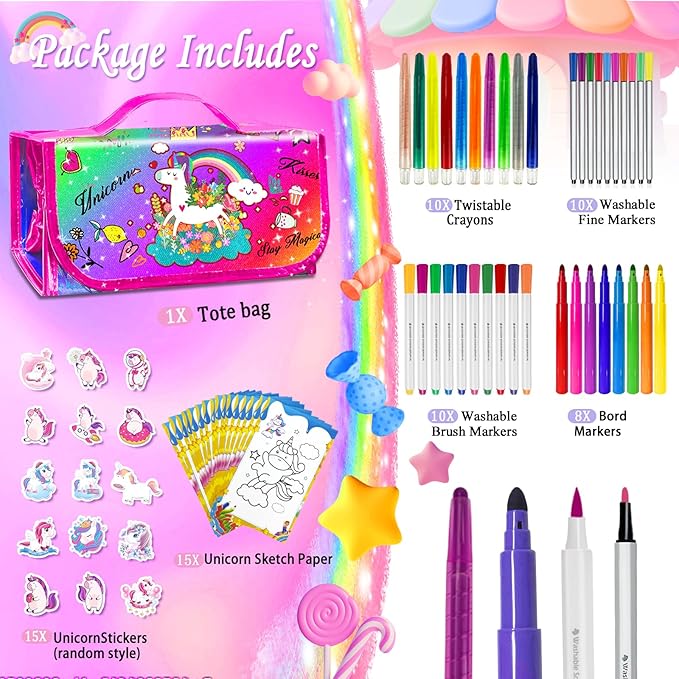 56 PCS Washable Scented Markers with Glitter Pencil Case, Mermaid Unicorn Arts and Crafts for kids 4-6-8 Kids Coloring Drawing Kits for 4-8 Years Old Girls Xmas Gifts Stocking Stuffers (Rainbow, 70)