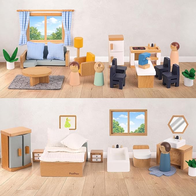 PairPear Wooden Toys Dollhouse Furniture Playset,Natural Wood Pretend Play Furnitures with Family Dolls,Dollhouse Accessories Toys Gift for Girls and Boys 3 Year and Up