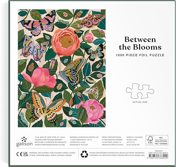 Galison Between The Blooms – 1000 Piece Foil Jigsaw Puzzle Featuring Beautiful Artwork of Butterflies Nestled in Blooming Flowers
