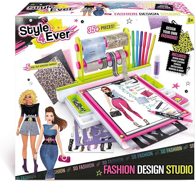 Canal Toys Style 4 Ever Fashion Design Studio, Design Your own Fashions, Design Sheets with Stencils, Stickers, and Fabrics, Add Colors, Patterns, and Textures, All Organized in The Stylish Studio