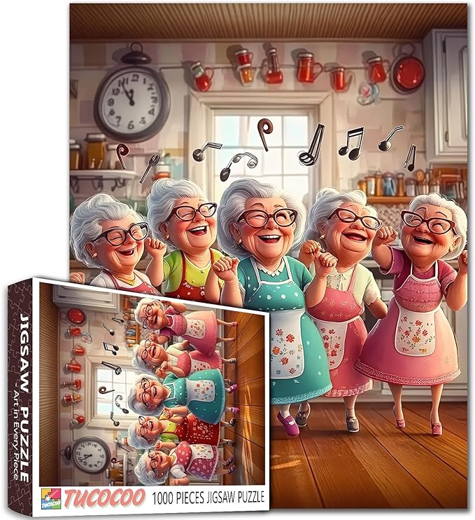 Old Woman Dancing in Kitchen Jigsaw Puzzles for Adult 1000 Piece Funny Good Friends Puzzles Wall Decor Happy Grandma’s Key Puzzles Magic Jigsaw Puzzle Family Challengings,Game Friendship Gift