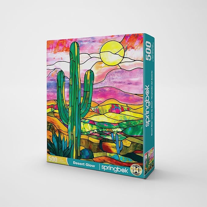 Springbok Desert Glow 500 Piece Jigsaw Puzzle for Adults - Stained Glass Cactus - Unique Cut Pieces - Made in USA