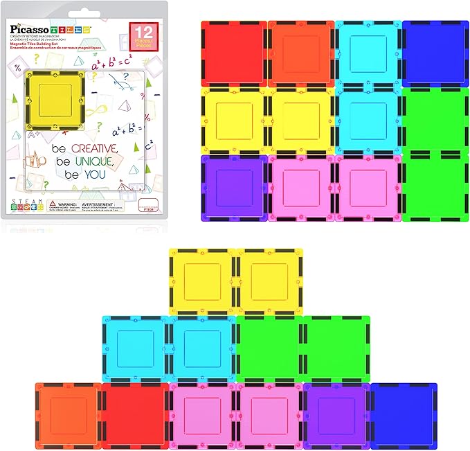 PicassoTiles Magnetic Building Block Magnet Tile Construction Kit for Kids Educational STEM Learning Playboard Pretend Play Toy Stacking Shapes Brain Development Preschool Toddler Activity Set PTE04
