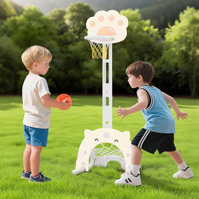 OLAKIDS Toddler Basketball Hoop, 3 in 1 Height Adjustable Kids Sports Activity Center Indoor Outdoor with Soccer Goal Golf Ball and Club, Baby Toy Game Play Set Gifts for Boys Girls