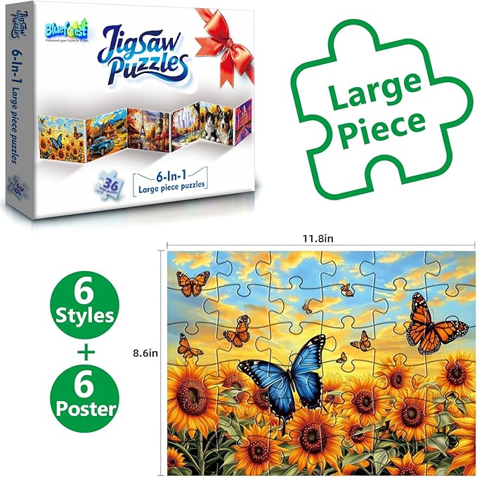 Blueforest 6 Pack Large Piece Jigsaw Puzzles for Seniors, 36 Pieces Easy Grip Puzzles with 1:1 Reference Poster, 11.8"x8.6" Dementia Puzzles for Elderly, Brain Exercise Gifts