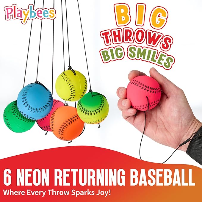 Playbees Wrist Baseballs Neon Reactive - 6 Pack - Practice Sports Balls for Fun Outdoor Activity for Kids - Spring Training, Party Favor, Baseball Season Gift, Sports Team Party Bag Filler