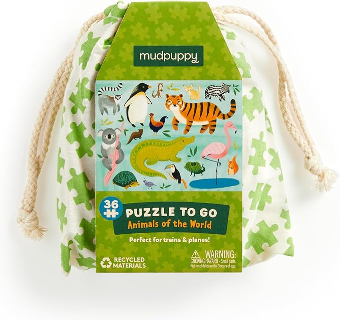 Mudpuppy Animals of The World to Go Puzzle, 36 Pieces – Great for Kids Ages 3+ - Perfect for Travel, Easy Clean-Up, Packaged in Secure, Reusable Fabric Bag