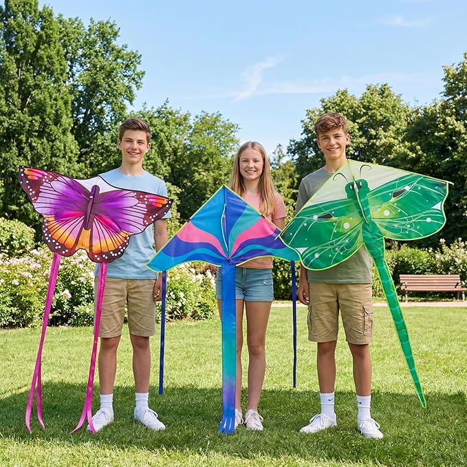3 Pack Large Kites - Butterfly Delta Dragonfly Kites Easy to Fly for Adults Kids Beach Park Outdoor Game Activities, Gifts for Easter and Festival