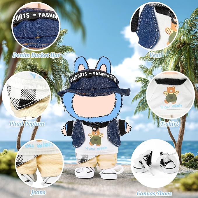 Doll Clothes for 17cm Labubu,Cool Causal Outfit Accessories Clothing for 17cm/6.7inch Doll-Jean Bucket Hat+T-Shirts+Cowboy Vest+Khaki Pants+Canvas+Waist Scarf (White)