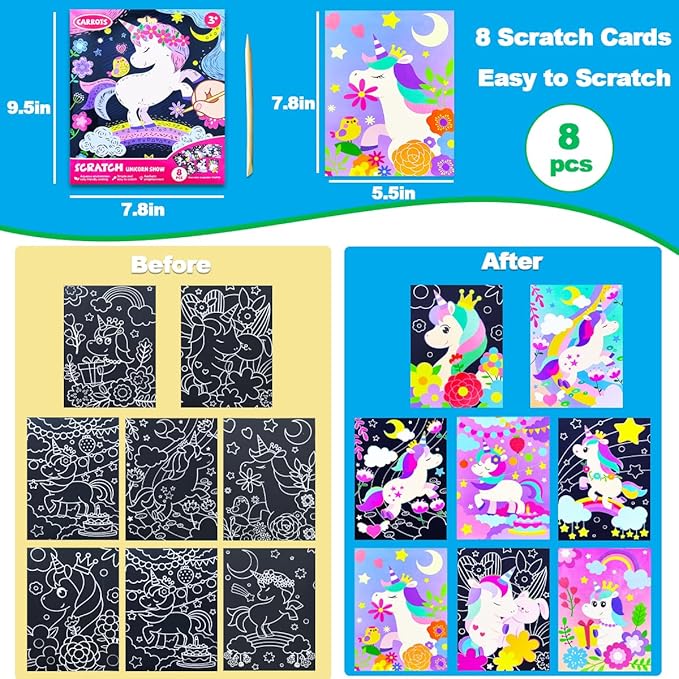 JUNQIU Scratch Art for Kids, Unicorns Black Rainbow Scratch Art Paper Set-Arts and Crafts & Supplies, DIY Activity & Party Games, Gifts for Toddlers, Girls & Boys Ages 3, 4, 5, 6, 7, 8