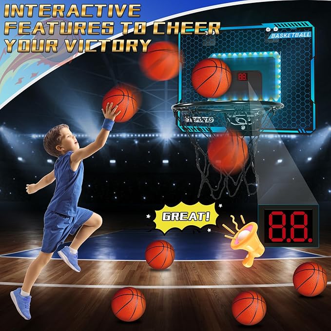 Basketball Hoop Indoor with LED Lights, Basketball Toys Gifts for 5 6 7 8 9 10+ Year Old Boys Kids, Indoor Over The Door Mini Basketball Hoops with Electronic Scoreboard & 3 Balls