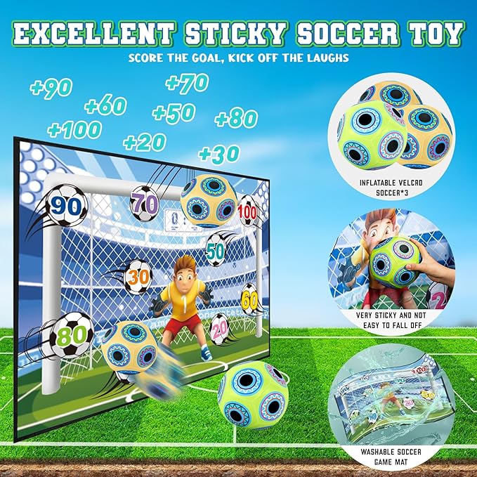 Soccer Ball Game Toy Set for Kids Ages 3-12,Soccer Goal Tapestry Target with 3 Sticky Soccer Balls, Indoor and Outdoor Soccer Shooting Training Toys for Boys Soccer Birthday