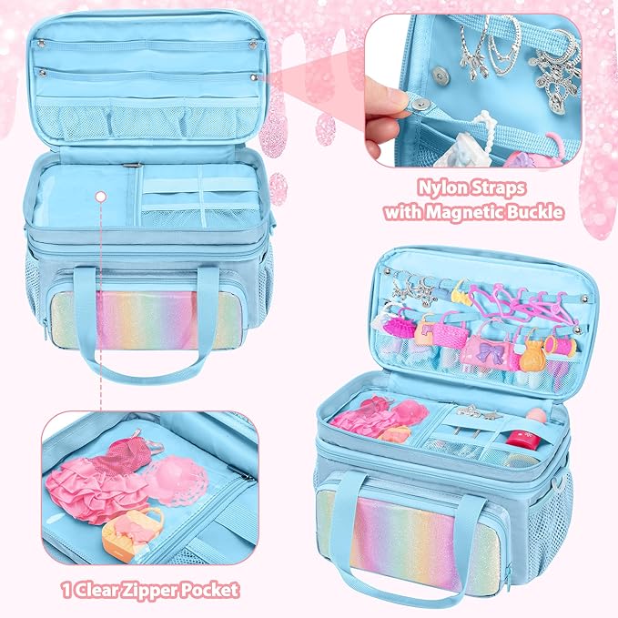 GRAOSO Carrying Case Compatible with Barbie Doll Clothes, Doll Accessories Storage Organizer, Double Layer Design, with Handle and Detachable Shoulder Strap, Case only (Blue)