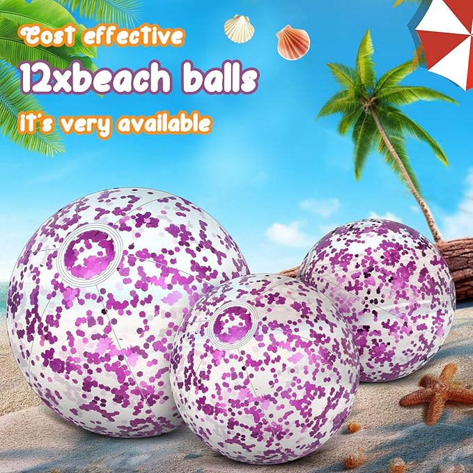 Lewtemi 12 Pcs Inflatable Glitter Beach Balls 16 Inch 24 Inch Shiny Giant Confetti Balls Swimming Pool Beach Blow up Balloon for Outdoor Summer Party Wedding Decor(Purple)