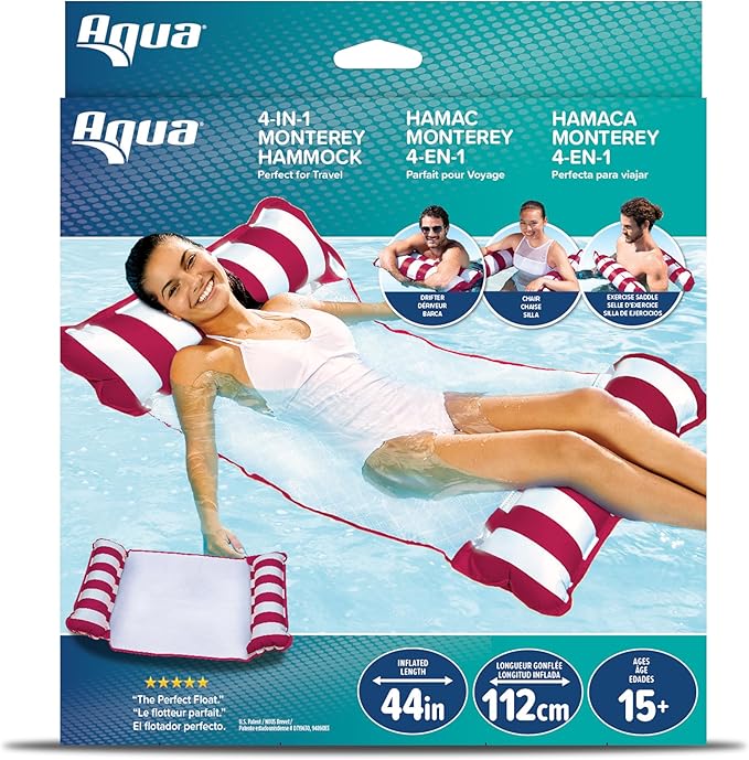 Aqua Original 4-in-1 Monterey Hammock Pool Float & Water Hammock– Multi-Purpose, Inflatable Pool Floats for Adults – Patented Thick, Non-Stick PVC Material – Burgundy