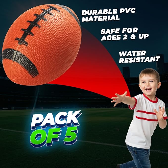 6-Inch Mini Footballs for Kids (Pack of 5) - Inflatable PVC Football Toys for Boys & Girls w/Hand Pump, Easy to Grip Small Sports Balls for Backyard, Recess, Party Favor, Indoor/Outdoor
