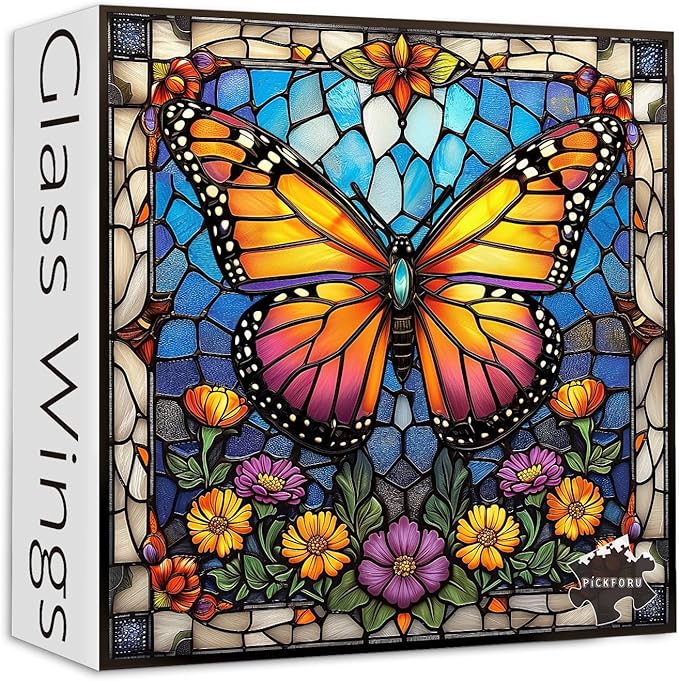 Butterfly Puzzles for Adults 1000 Pieces and up, Stained Glass Puzzle with Butterfly Flowers, PICKFORU Colorful Wall Art Puzzles as Home Decor