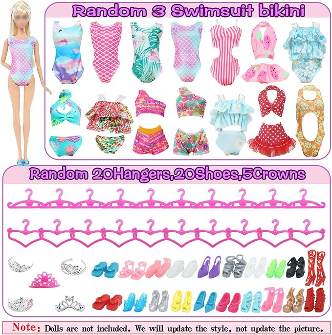 65 Pcs Doll Clothes and Accessories, 5 Fashion Dresses, 3 Wedding Gowns, 4 Outfits Top & Pant, 3 Swimsuits Bikini, 5 Slip Skirts, 20 Hangers, 20 Shoes, 5 Crowns for 11.5 Inch Girl Doll Clothing
