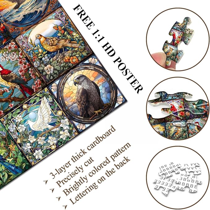 Stained Glass Puzzles for Adults 1000 Pieces, Bird Puzzles for Adults Flower with Cardinal Bird Parrot Hummingbird, Impossible Hard Challenging Jigsaw Puzzles