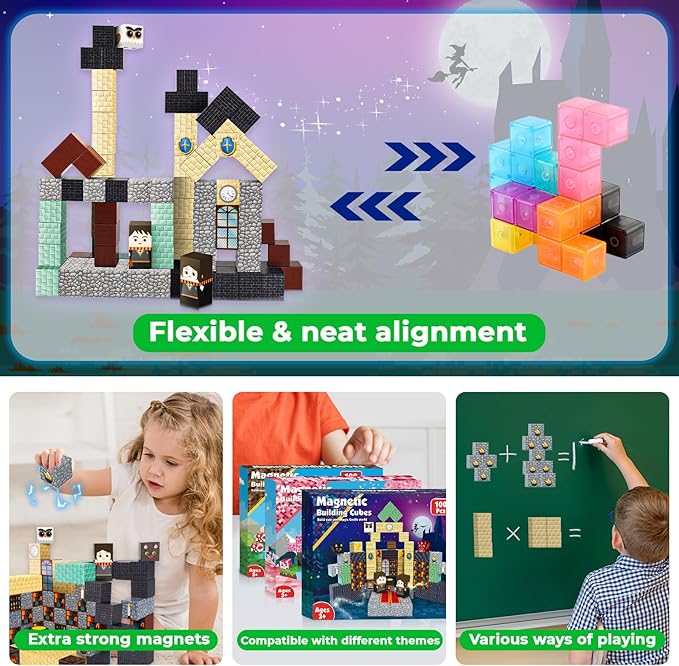 Goody King Magnetic Blocks |100PCS Magnetic Building Blocks Magic‘s House Magnetic Cube,Magnetic Blocks for Kids Ages 3-10,STEM Montessori Stacking Toy, Sensory Tiles Building Easter for Toddlers