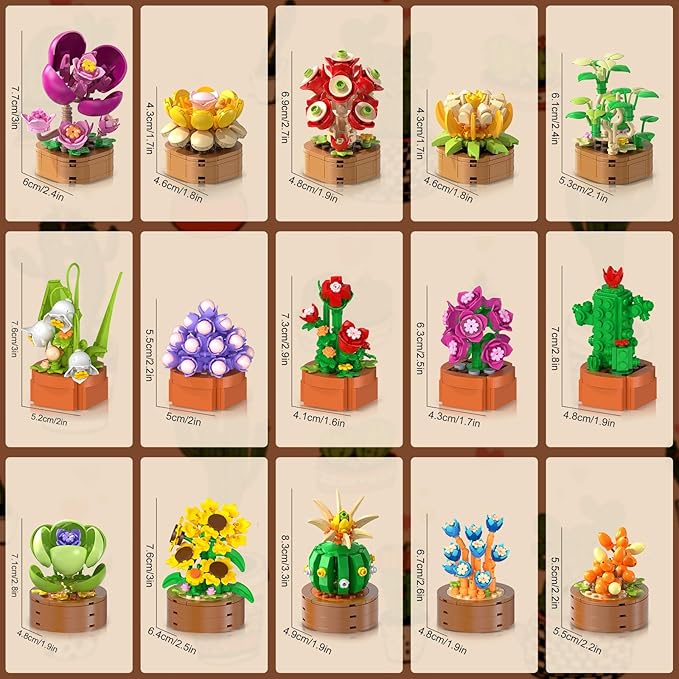 15 Pack Flowers Plants Mini Building Set - 1314PCS 3.6MM Flower Succulents Botanical Collection Block Toy for Home Office Décor, Easter Birthday Gifts for Adults Women Boys Girls 10+