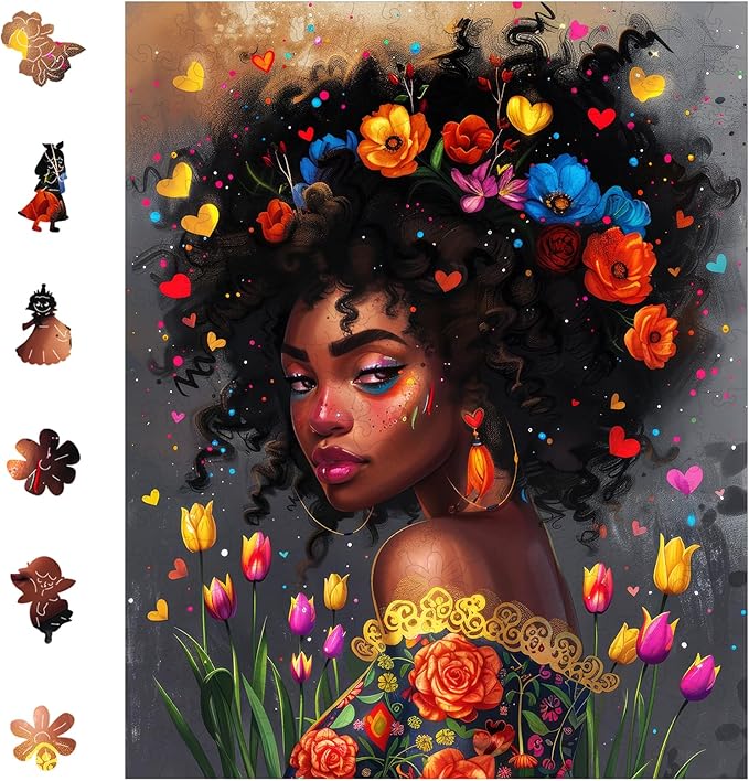 MYS A·U·R Beautiful African American Black Girl Wooden Puzzles for Adults, Afro Fashion Flora Girl Jigsaw Puzzles, Unique Shaped Flower Wood Puzzle 200 Pieces, 12 x 9.6in, Birthday Gifts Family Game