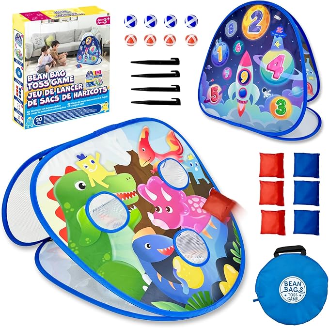 2 in-1 Dinosaur and Spaceship-Themed 27-inch Bean Bag Toss Game Set for for 1-2 Players, Backyard Games, Family Party, Birthday, for Toddlers Ages 3 4 5 6 Year Old- Amazon Exclusive