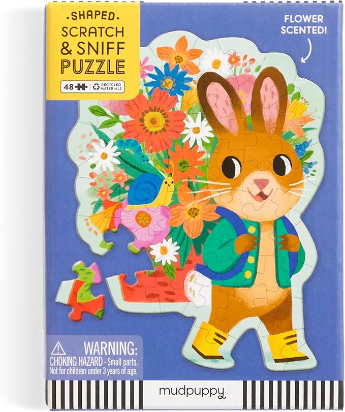 Mudpuppy Bunny Bouquet 48 Piece Scratch & Sniff Shaped Mini Puzzle with Colorful and Fun Illustrations of A Hoppy Easter Bunny and Scented Puzzle Pieces