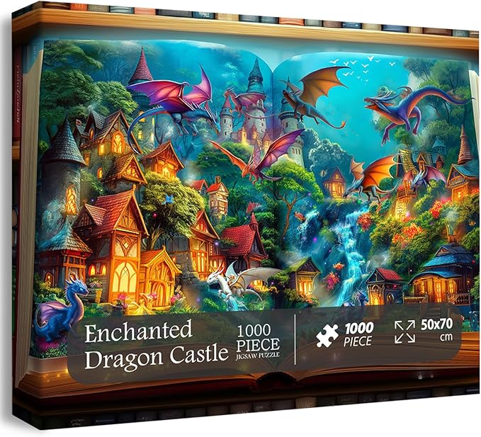 Dragon Puzzle for Adults 1000 Pieces, Magic Library Book Puzzles Nature Forest Animal, Fantasy Dinosaur Jigsaw Puzzle, Impossible Difficult Hard Challenge for Adult