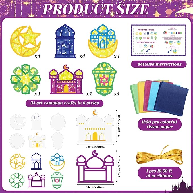 Feifeiya 24 Set Ramadan Crafts - DIY Ramadan Suncatcher Tissue Paper Craft Kit Eid Mubarak Crafts Bulk for Eid Al-fitr Activities Ornaments Hanging Decorations Party Gifts Favors Supplies