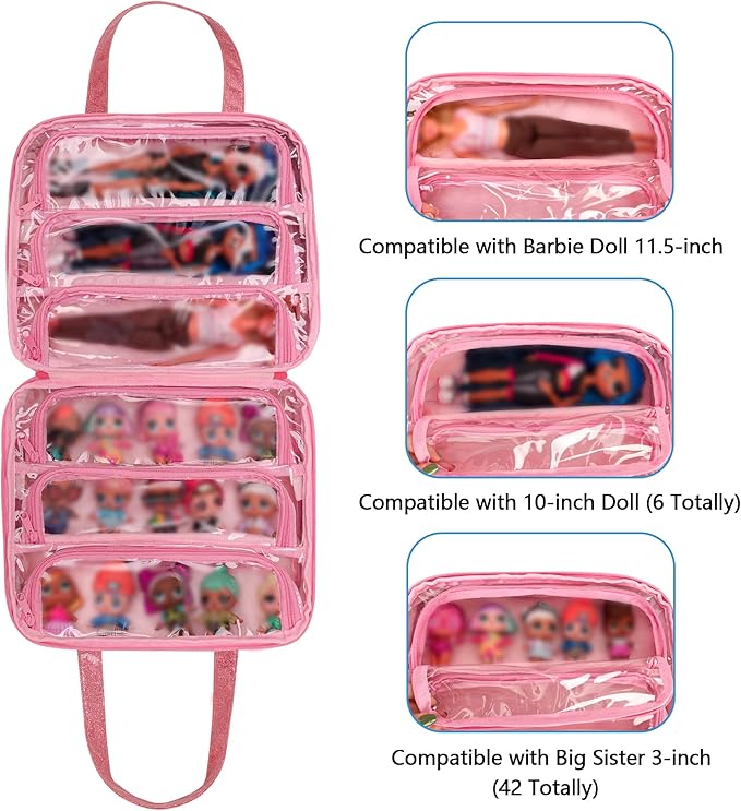LoDrid Doll Tote Carrying Case Compatible with LOL Surprise Dolls All, Hanging Organizer Storage Bag with 6 Clear Window Pockets, Bag Only, Pink,(Patent Design)