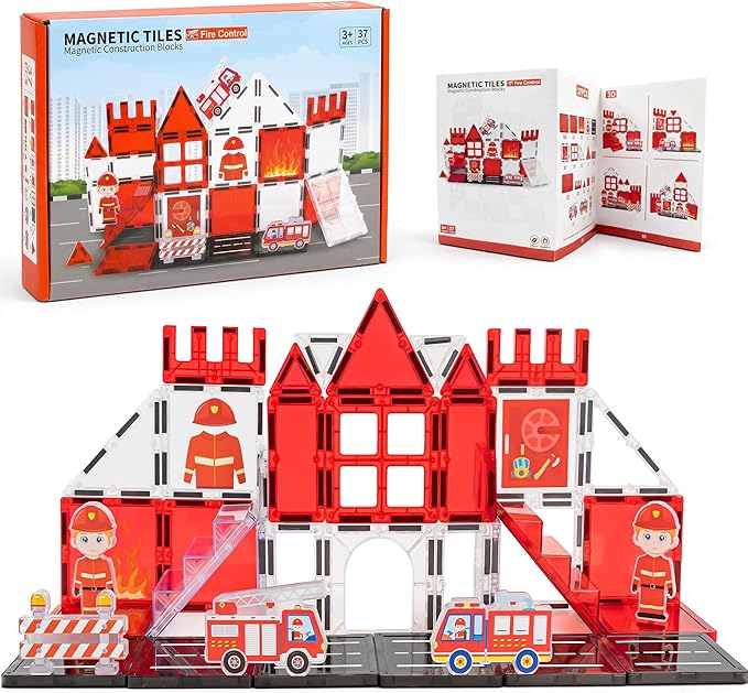 Magnetic Tiles for Kids Ages 3+, Fire Rescue Magnetic Tiles Building Blocks with Rescue Scene Pieces, Firefighter Elements & Accessories, STEM Toys for Toddlers, Ideal Gift for Boys and Girls