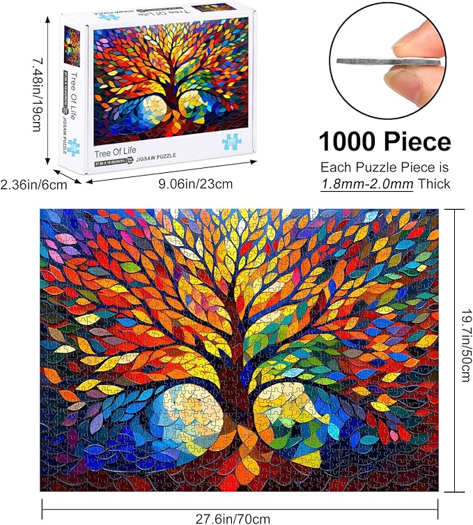 Rocorose Stained Glass Puzzle for Adults 1000 Pieces Tree of Life Family Jigsaw Puzzles, Impossible Hard Difficult Challenging Plant Tree Puzzle for Gift Home Wall Decor