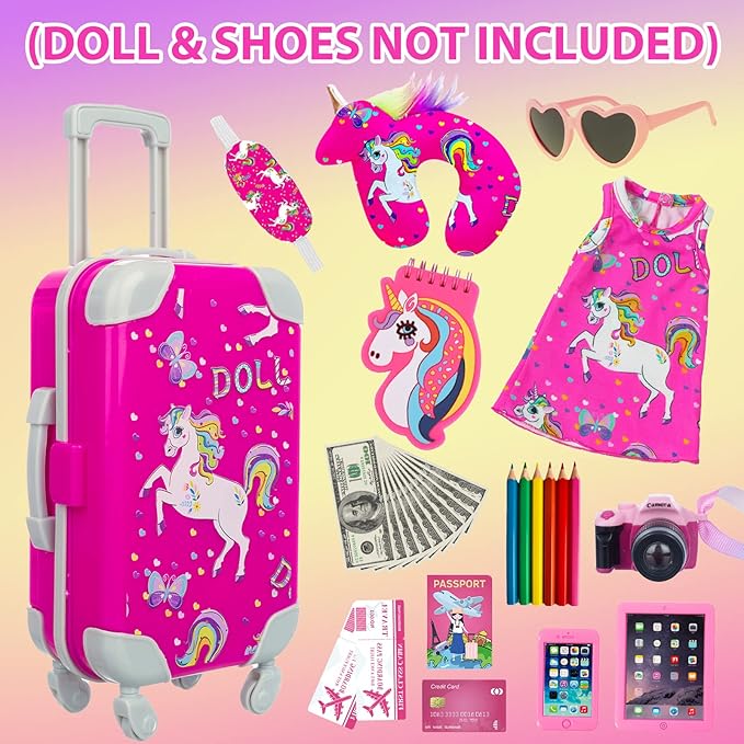 ZQDOLL American 18 Inch Doll Clothes and Accessories Travel Luggage Play Set Including 18 Inch Doll Clothes Travel Suitcase Travel Pillow and Eye Mask(Dolls & Shoes Not Included)