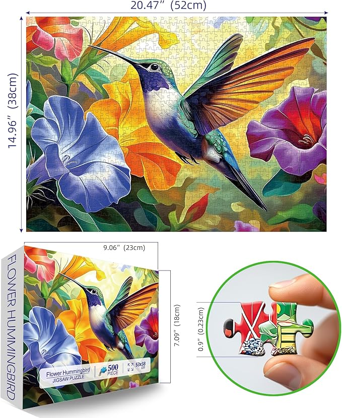 MINIWAN 500 Piece Puzzles for Adults - Vibrant Hummingbird Floral Jigsaw Puzzle, 23x15 Inches with Unique Irregular Shaped Pieces for Relaxation & Home Wall Decor