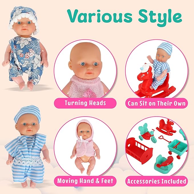fash n kolor, 6 Mini Doll Set - 5" Inch Baby Girl Toy - Princess Toys Dolls - Baby Doll Crib, High Chair, Bathtub, Horse See Saw, Wagon and Bike Accessories - Dolls for 3+ Year Old Girls