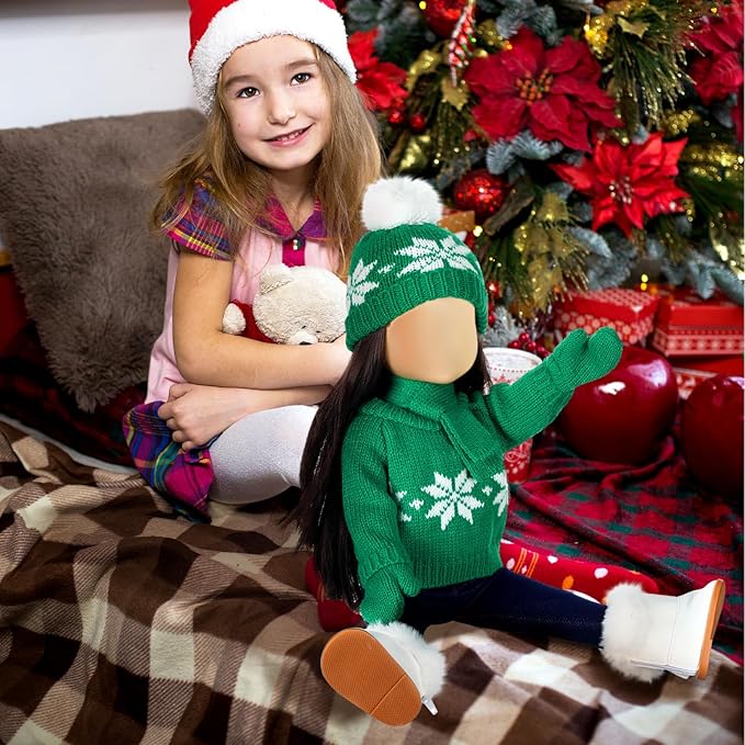 Bencailor 6 Pcs 18 Inch Christmas Doll Clothes and Accessories Winter Outfits Set Sweaters Trousers Hats Shoes Gloves for 18 Inch Doll Gifts(Green White)