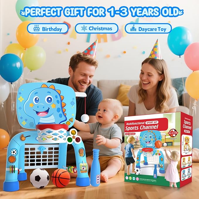 Toys for 1 Year Old Boy - Toddler Basketball Hoop & Soccer Goal & Baseball Activity Center with Light Sound Music, Dinosaur Montessori Sports Toy, Christmas Birthday Gift for Baby 12-18 Months, Blue