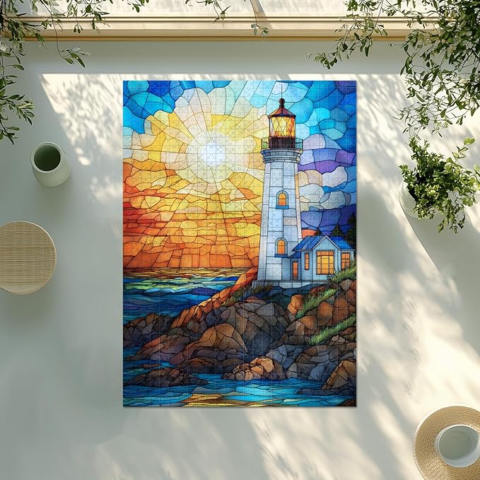 Colorful Stained Glass Lighthouse Puzzle - 1000 Pieces Impossible Puzzle for Adults - Jigsaw Puzzle Adventure (19.7x27.6 in)