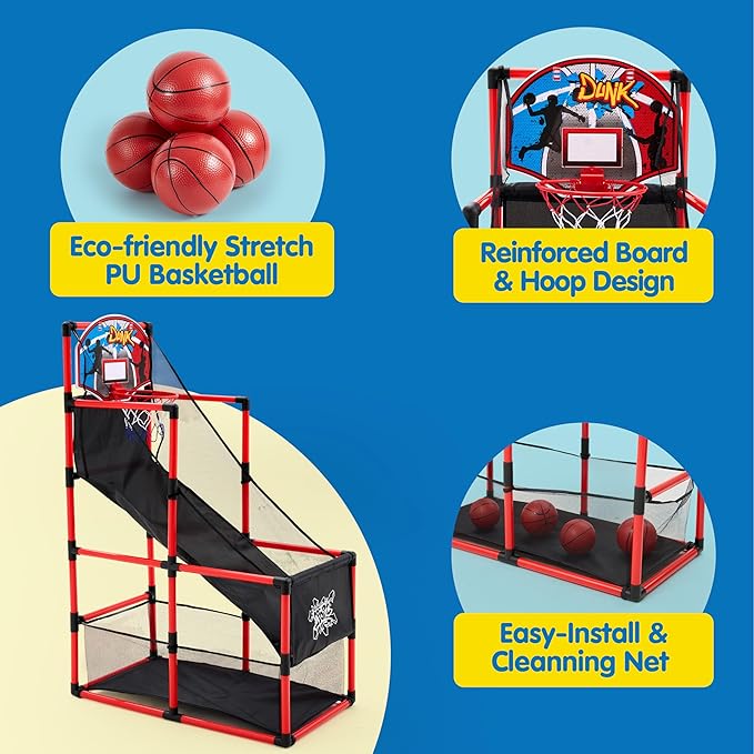 JOYIN Red Arcade Basketball Game Set, Indoor Basketball Hoop for Kids 3 to 12 Years Old, Easy Set Up Sports Toy with 4 Balls, Gifts for Boys and Girls