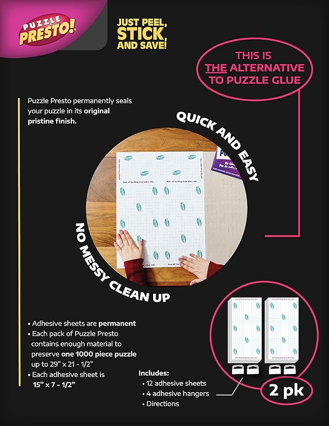 (2 Pack)Puzzle Presto! Peel & Stick Puzzle Saver: The Original and Still The Best Way to Preserve Your Finished Puzzle! 12 Adhesive Sheets and 4 Adhesive Hangars. Preserve Two1000 Piece Puzzles! Multi