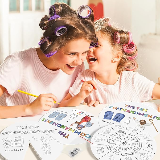 COcnny Ten Commandments Coloring Craft - 24 Sets Color Your Own Religious Art Wheel Kit for Kids, 10 Commandments DIY Craft Art Cards for Sunday School Christian Classroom Home Activities VBS Supplies