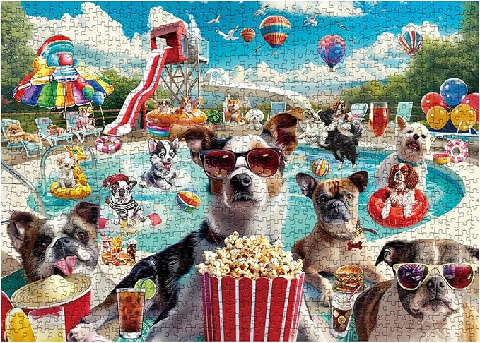 Dog Summer Puzzle for Adults 1000 Piece, Funny Puppy Animal Jigsaw Puzzles, Food Party Puzzles
