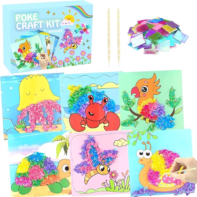 KIFHCMPR Poke-in Fun Art Fabric Craft,Animals Theme,Mess Free Kids'Paper Craft Kits,Arts and Crafts for Kids,Art Activity Birthday Christmas Gift Ideas for Children,Toys for Girls &Boys Ages 4-10+