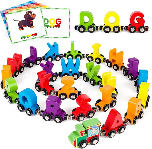 Vanmor 27 PCS Magnetic Wooden Alphabet Train Sets | ABC Letter Learning Toy Trains with 42 PCS Flash Cards, 1 Engine, 1 Storage Bag | Toddlers Kids Boys Girls Educational Toys for 3 4 5 6 7 Years Old