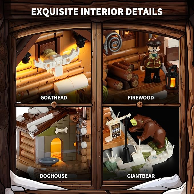 FUNWHOLE Hunting-Cabin Lighting Building-Bricks Set - Retro Wooden Cabin LED Light Construction Building Model Set 2036 Pcs for Adults and Teen