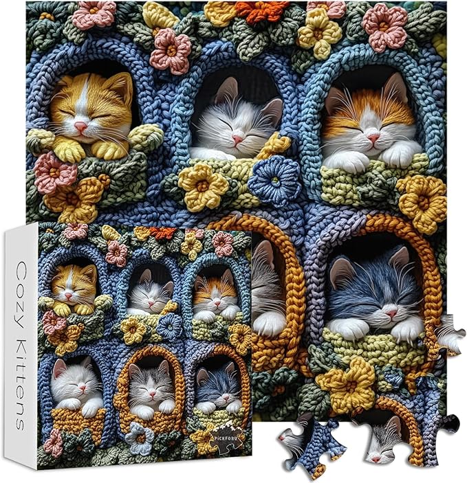 Cat Puzzles for Adults 1000 Pieces, PICKFORU Cute Kitten Puzzle Wildflowers Embroidery, Difficult Animal Flower Art Theme as Wall Decor